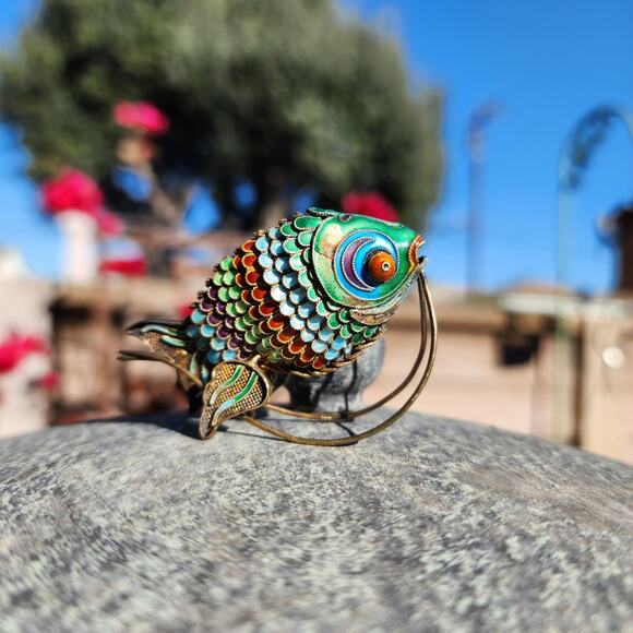 Vtg Old Chinese Export Fish Figurine Sterling Silver Gilt Cloisonne Articulated - Picture 6 of 16